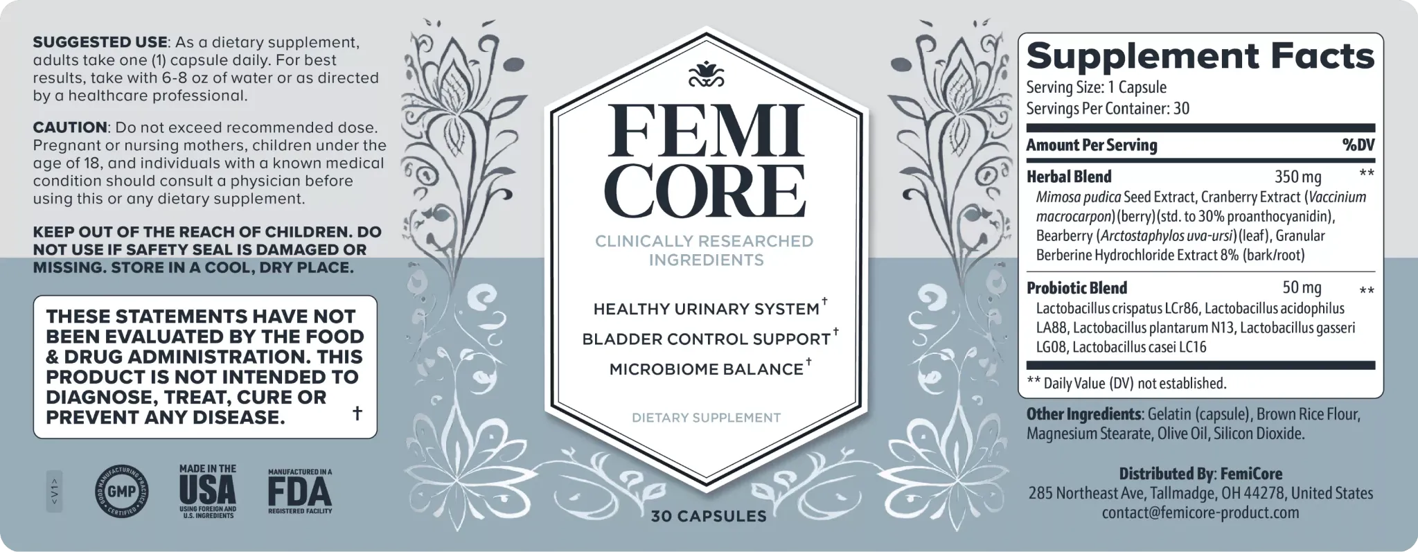 FemiCore supplement facts and ingredient label